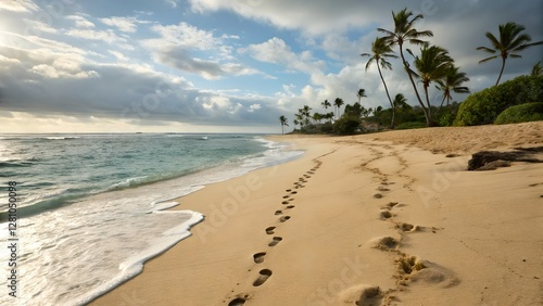 Peaceful Tropical Beach Footprints at Sunrise