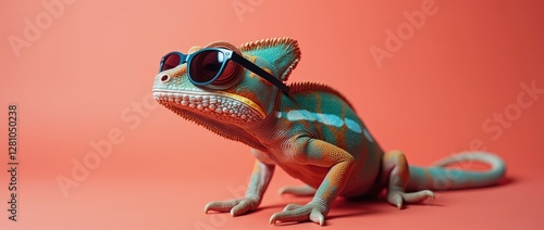 Chamaleon  blending into a gradient sky, surreal art, geometric patterns, modern design, bold hues, creative composition, eye-catching visuals.  