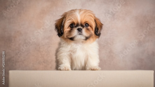 Adorable puppy stands on platform, showcasing fluffy fur and exp