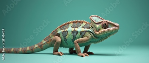 chameleon wearing sunglasses on a solid color background, vector art, digital art, faceted, minimal, abstract, panorama