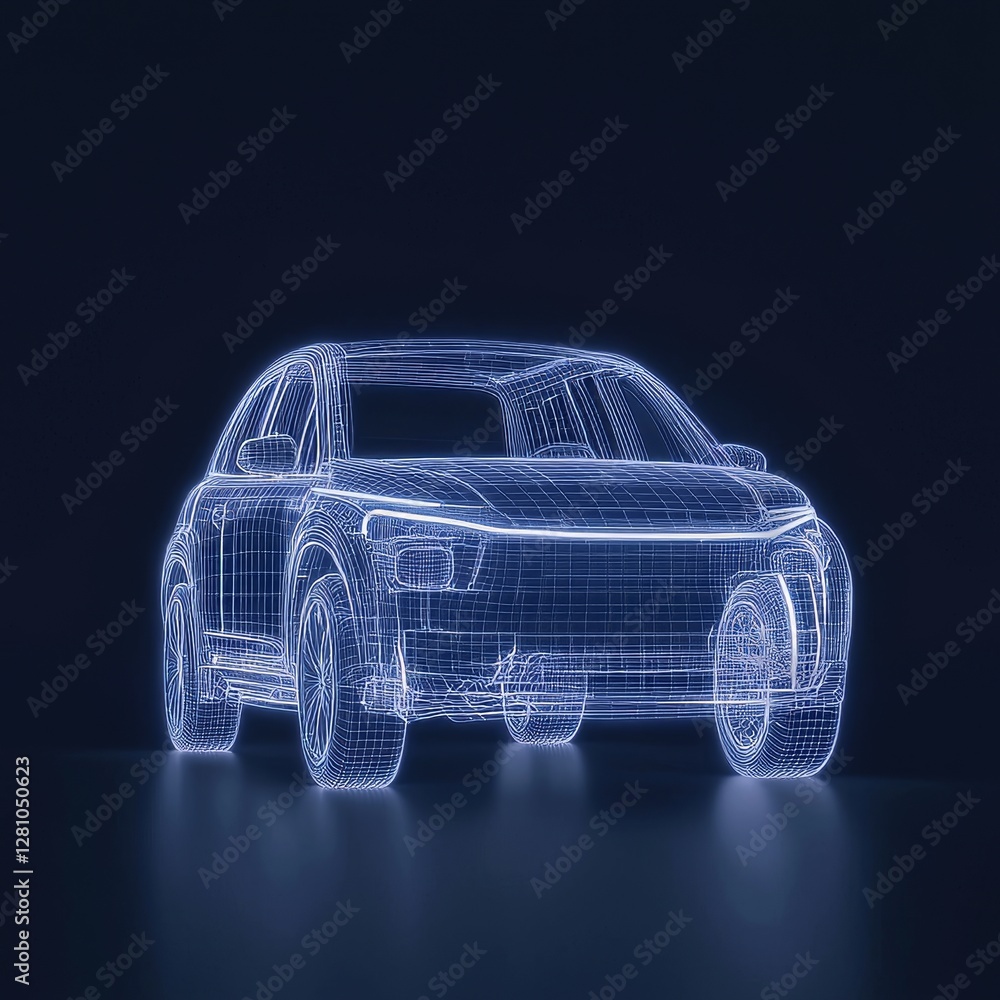 Naklejka premium A futuristic service featuring scanning and automatic data analysis is utilized in car development, represented by a hologram of a car in the HUD UI style within a 3d illustration