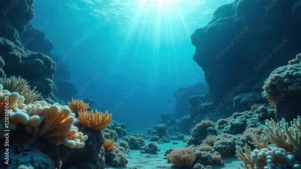 Fototapeta premium Underwater coral reef landscape affected by coral bleaching with sunlight 