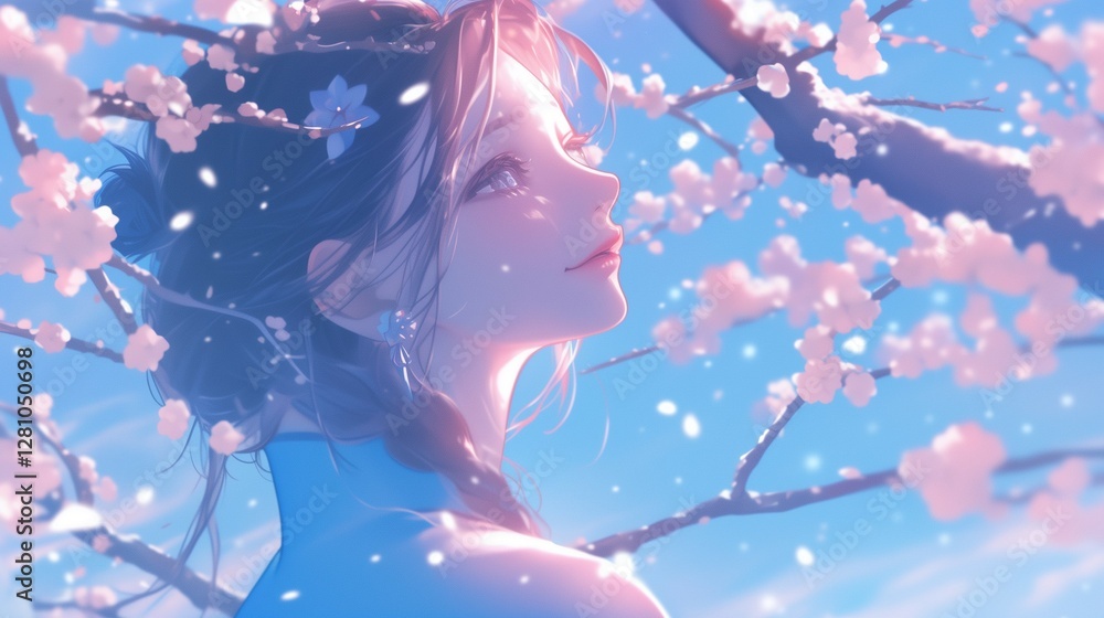 Ethereal woman under cherry blossoms in a winter glow Ethereal woman under cherry blossoms in a winter glow