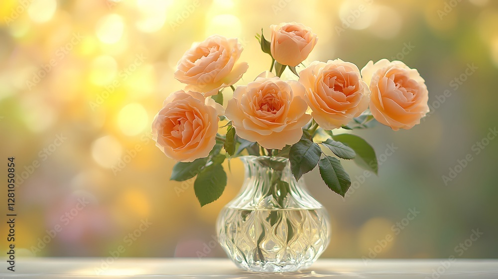 Blooming peach-colored English roses are softly lit against a pastel yellow background, showcasing delicate petals in a crystal vase for a dreamy, ethereal composition. Blooming peach-colored English roses are softly lit against a pastel yellow background, showcasing delicate petals in a crystal vase for a dreamy, ethereal composition.