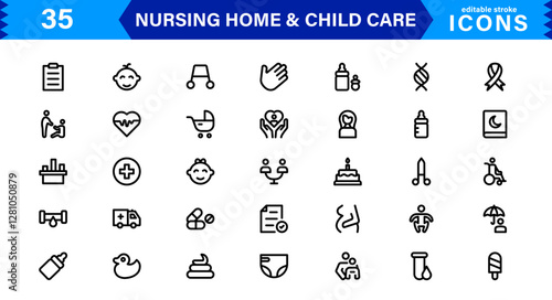 Nursing and Child Care Icon Set. Professional Vector Icons for Healthcare, Pediatrics, and Baby Care Designs