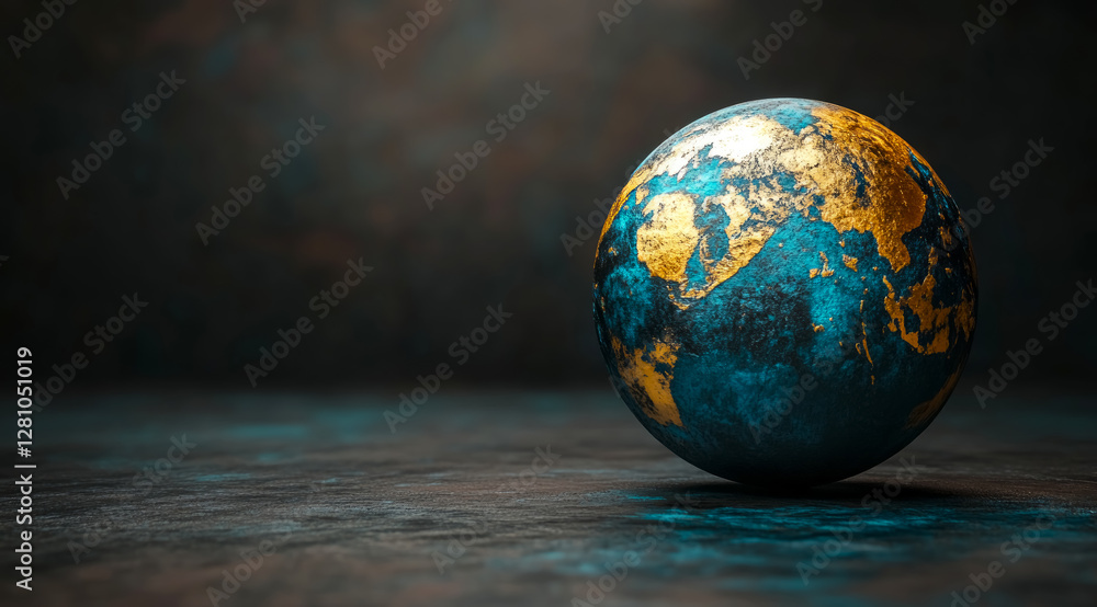Brilliant blue and gold globe rests on a dark surface symbolizing Earth Day, a vibrant representation of our planet's beauty and fragility Brilliant blue and gold globe rests on a dark surface symbolizing Earth Day, a vibrant representation of our planet's beauty and fragility