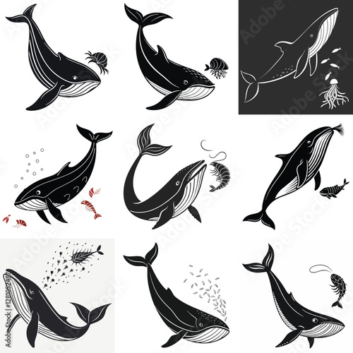 Whale Vector Art: Black and White Illustration Set of Marine Life, Ocean Mammals, and Sea Creatures for Graphic Design Projects
