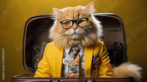 cat in suit and necktie sitting in suitcase.