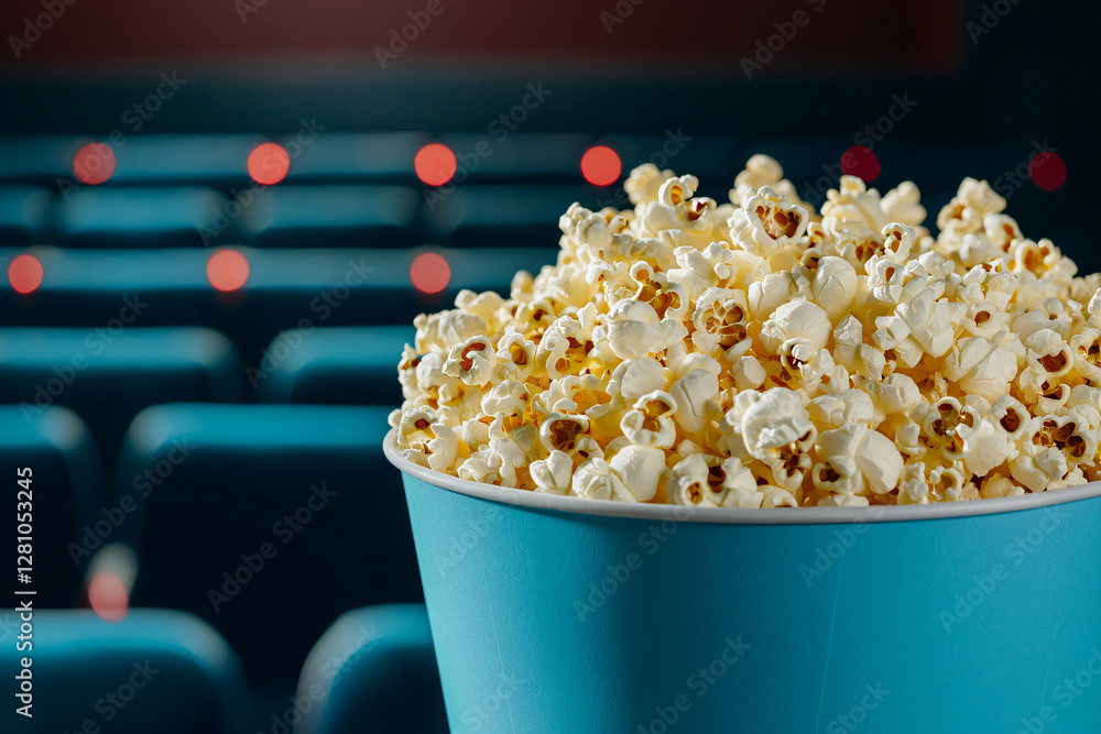 high angle shot of massive tub of popcorn in cinema setting high angle shot of massive tub of popcorn in cinema setting