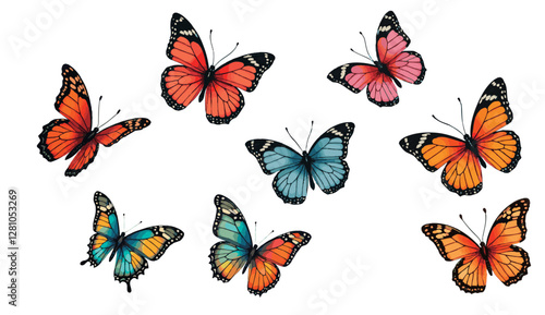 Illustration of cute butterflies of various colors cut out. Butterfly with wings of various colors. White background.
