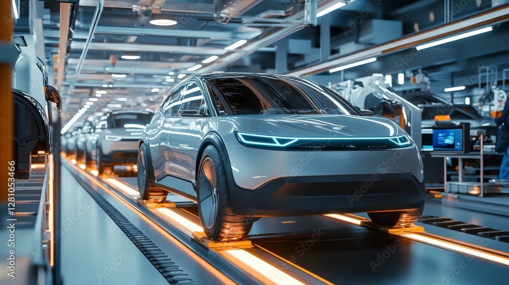 Car Factory 3D Render: Automated Robot Arm Assembly Line Manufacturing High-Tech Green Energy Electric Vehicles. Construction, Building, Welding Industrial Production Conveyor. Elevated Wide Shot Car Factory 3D Render: Automated Robot Arm Assembly Line Manufacturing High-Tech Green Energy Electric Vehicles. Construction, Building, Welding Industrial Production Conveyor. Elevated Wide Shot