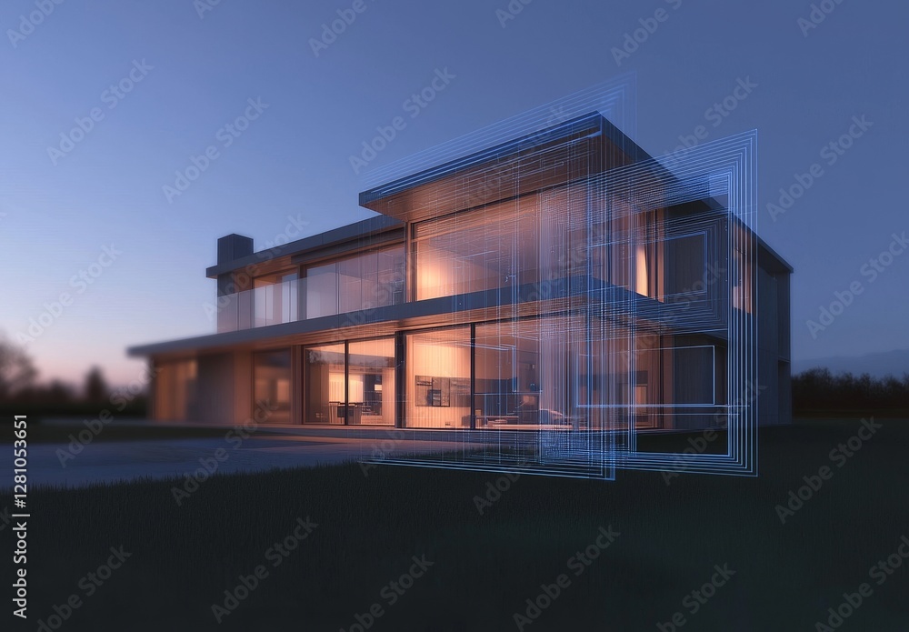 Fototapeta premium The illustration is a stock image of a house hologram projection