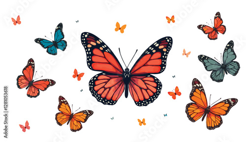 Illustration of cute butterflies of various colors cut out. Butterfly with wings of various colors. White background.