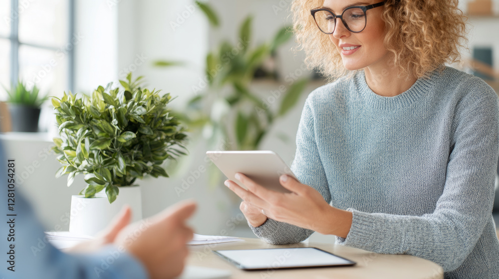 woman with curly hair and glasses using tablet in bright, modern workspace. atmosphere is calm and focused, with greenery in background woman with curly hair and glasses using tablet in bright, modern workspace. atmosphere is calm and focused, with greenery in background