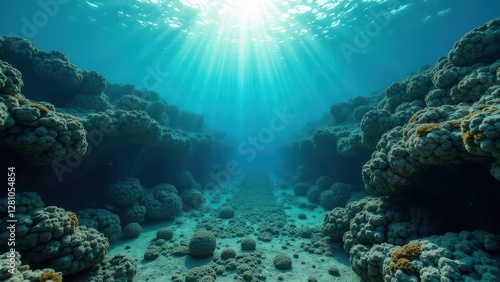 Wallpaper Mural Underwater coral reef canyon affected by coral bleaching with sunlight rays	 Torontodigital.ca
