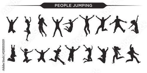 Silhouettes of people jumping in various dynamic poses