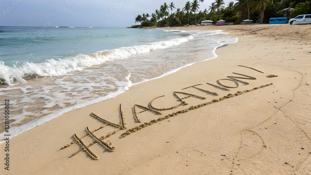 Hashtag Vacation Beach Scene: Tropical Getaway Message in Sand
