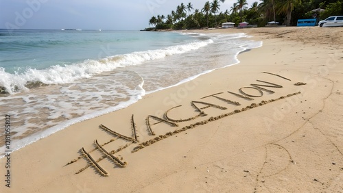 Obraz na płótnie Hashtag Vacation Beach Scene: Tropical Getaway Message in Sand w salonie