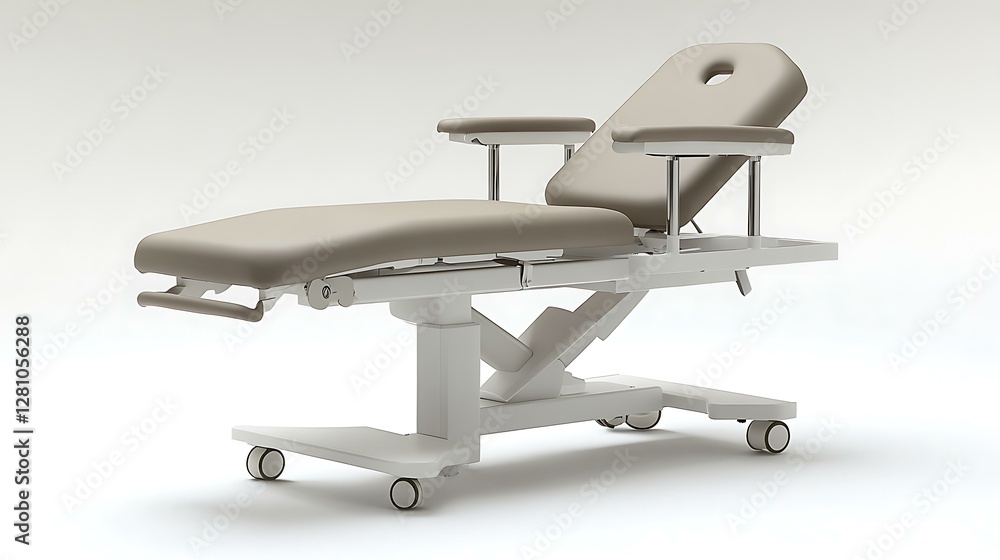 A modern hospital examination table with stirrups, featuring a sterile environment and a focus on the quality of medical furniture A modern hospital examination table with stirrups, featuring a sterile environment and a focus on the quality of medical furniture