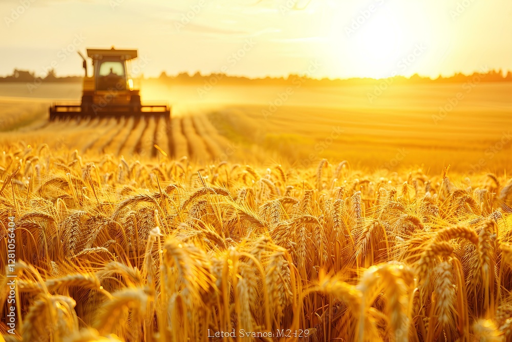 wheat field from top view, harvest season, one harvesting machine is working on the field, summer, golden hour