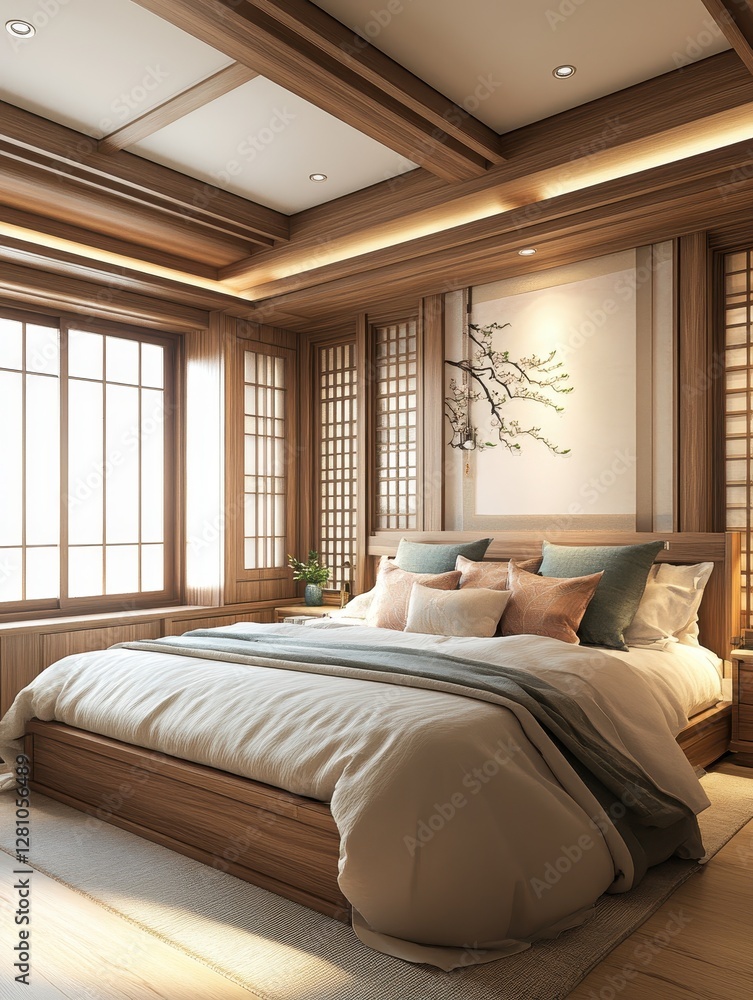 Fototapeta premium A modern bedroom with beautiful wooden ceiling and wooden bed
