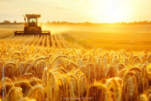 Obraz na płótnie wheat field from top view, harvest season, one harvesting machine is working on the field, summer, golden hour w salonie