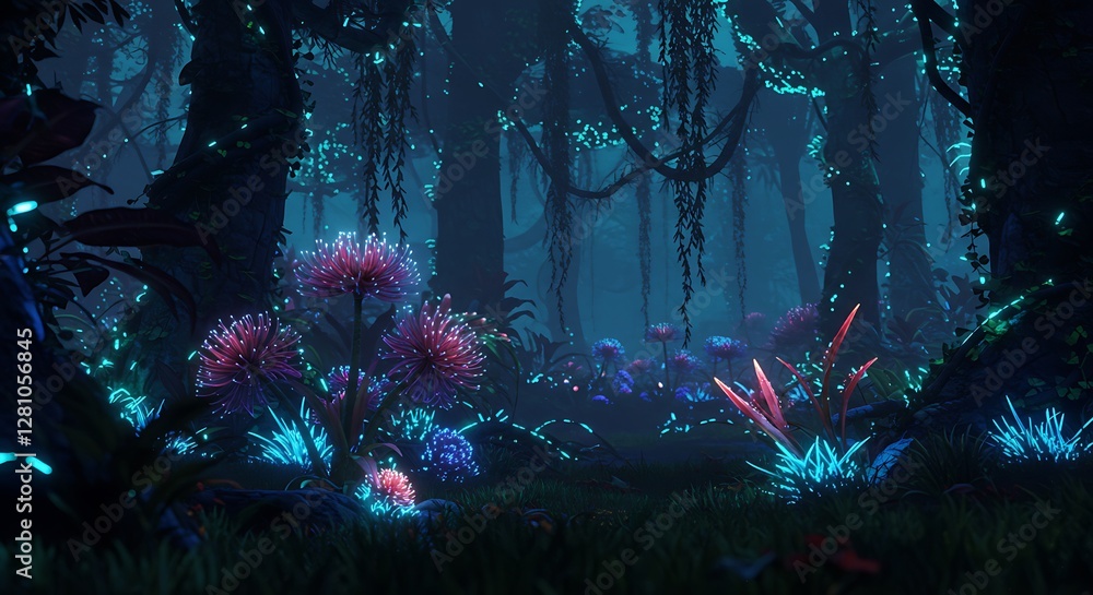 Obraz premium Exploring Enchanted Forest with Glowing Flowers and Mystical Atmosphere
