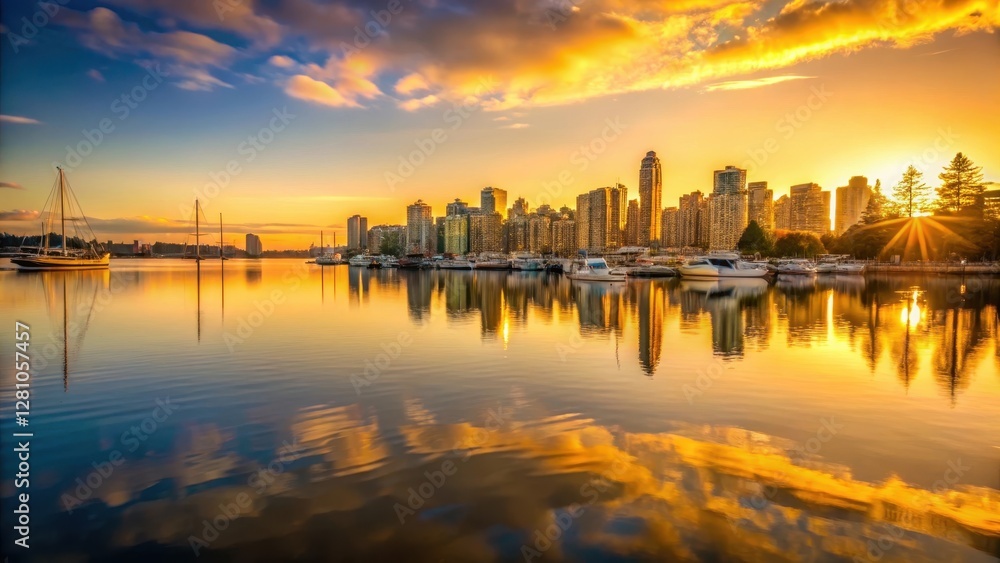 Fototapeta premium Golden light reflecting on the calm waters of Victoria Harbor at sunset, vancouver harbor, harbor