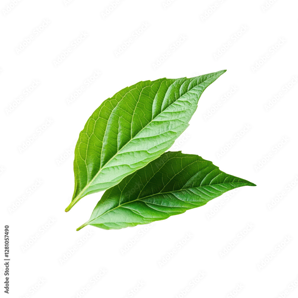 Fototapeta premium Close up of two green leaves with detailed texture and reflection on transparent background. Perfect for nature, botany and environmental themes, png