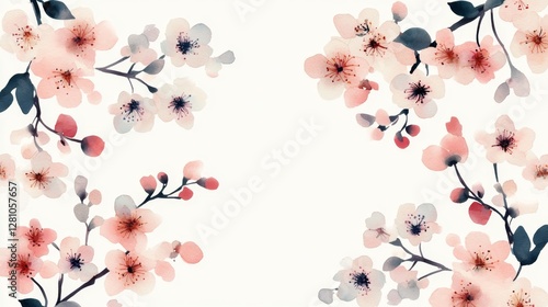 Cherry blossoms fill the scene with delicate pink and white petals, symbolizing spring's arrival. Their gentle hues create a tranquil and picturesque backdrop, inviting feelings of peace and renewal.