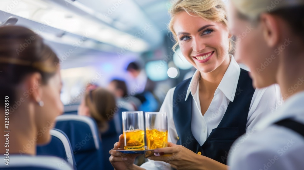 Smiling flight attendant serving drinks to passengers in aircraft cabin, showcasing exceptional airline service and customer satisfaction. Smiling flight attendant serving drinks to passengers in aircraft cabin, showcasing exceptional airline service and customer satisfaction.