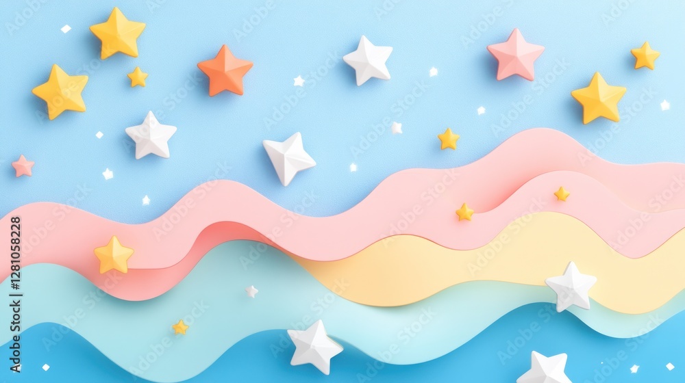 Whimsical Pastel Starscape: A Dreamy 3D Render of Colorful Stars and Wavy Lines Whimsical Pastel Starscape: A Dreamy 3D Render of Colorful Stars and Wavy Lines