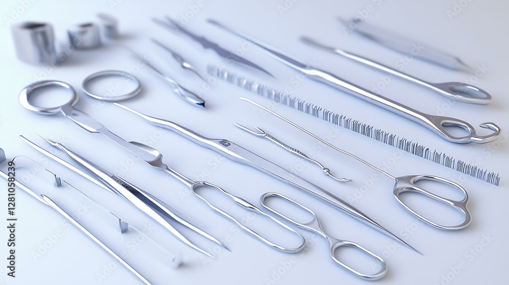 A realistic depiction of a surgical instrument set, including scissors, forceps, and scalpels, arranged neatly on a sterile surface A realistic depiction of a surgical instrument set, including scissors, forceps, and scalpels, arranged neatly on a sterile surface