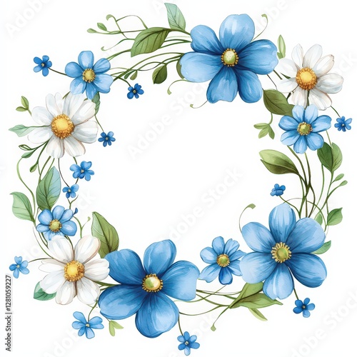 A floral wreath featuring blue and white flowers, surrounded by delicate green leaves, creating a charming and inviting aesthetic.