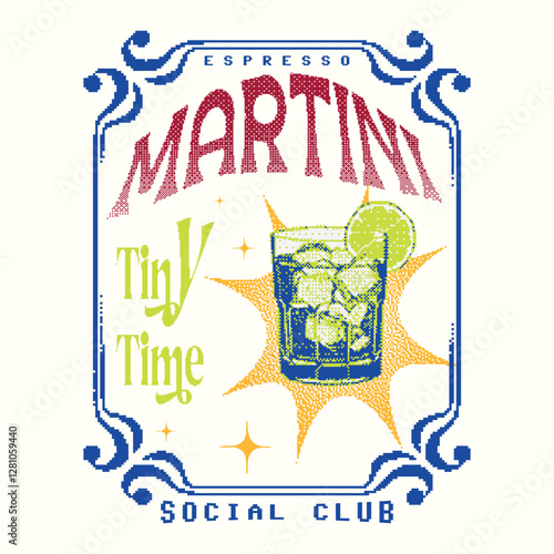 Espresso Martini Social Club Vintage Summer Cocktail T shirt Design, Cocktails retro halftone textures poster vector, Party poster design. Drinks, Cocktails, Typography. Vintage Engraving style