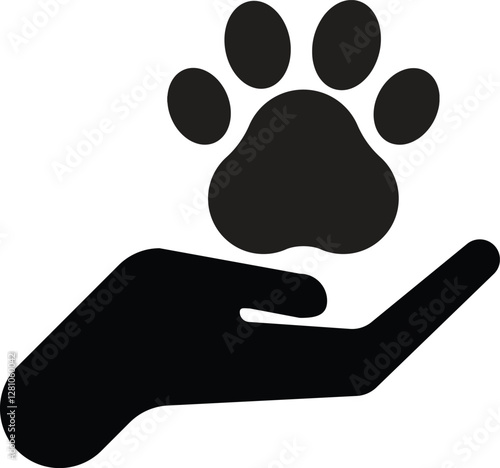 Dog paw on hand icon . Animals care icon . Pet care symbol . Pet paw on hand icon . Vector illustration