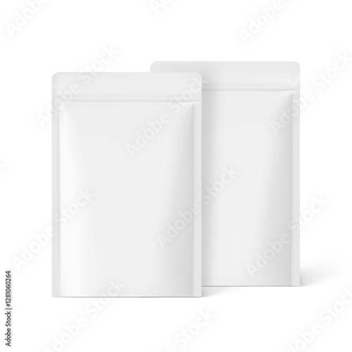 Realistic stand up pouch bag mockups with transparent shadow. Front view. Vector illustration isolated on white background. Ready for your design. EPS10.	