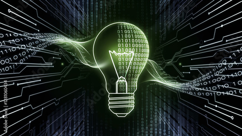 A modern digital concept featuring a glowing lightbulb made of binary code, representing the fusion of technology, data, and innovation in the digital age.