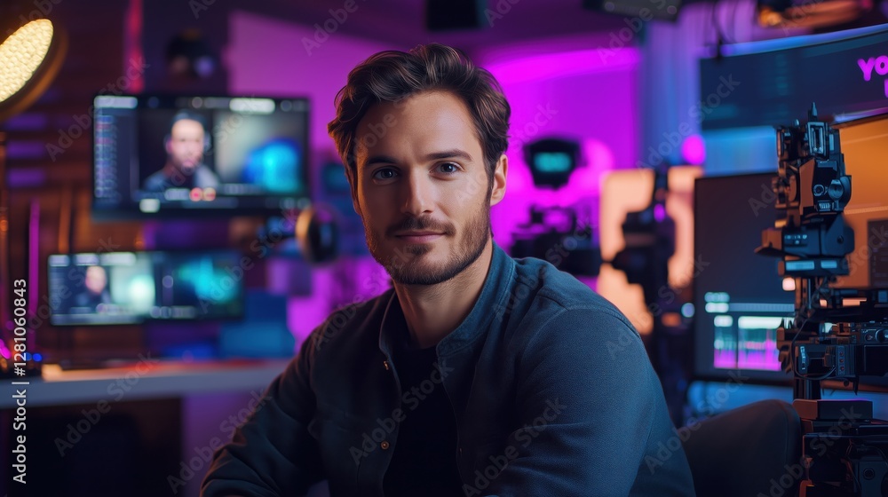 Professional man in modern workspace with multiple screens, showcasing technology and creativity in vibrant lighting environment Professional man in modern workspace with multiple screens, showcasing technology and creativity in vibrant lighting environment