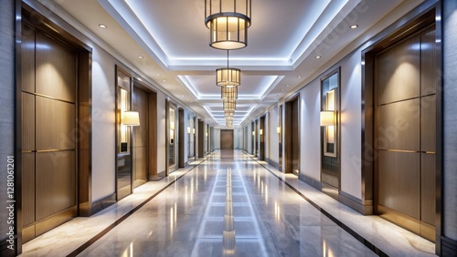 A long corridor in a hotel with elegant lighting and modern decor  featuring a sleek white floor and tall windows at both ends   luxurious interior  stylish space