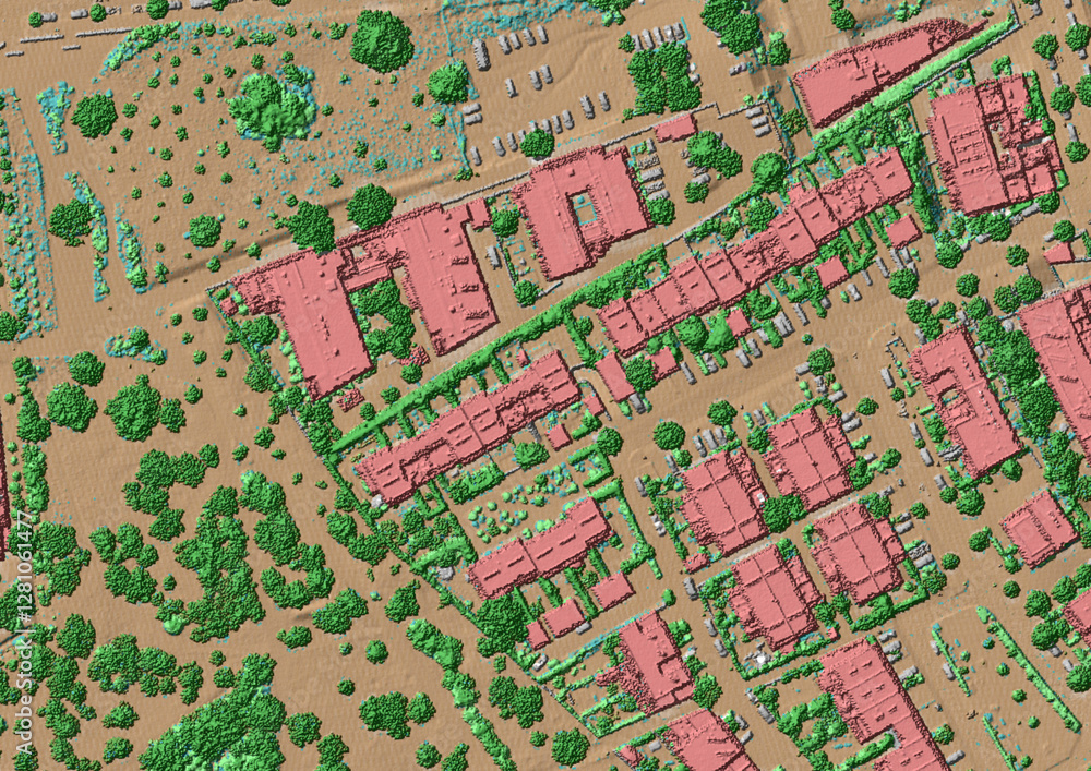 Obraz premium Concept de fond géographique - Données lidar HD - Vue aérienne de la topographie d'un territoire urbain - Rendu 2d modèle numérique de terrain et nuage de points Lidar HD