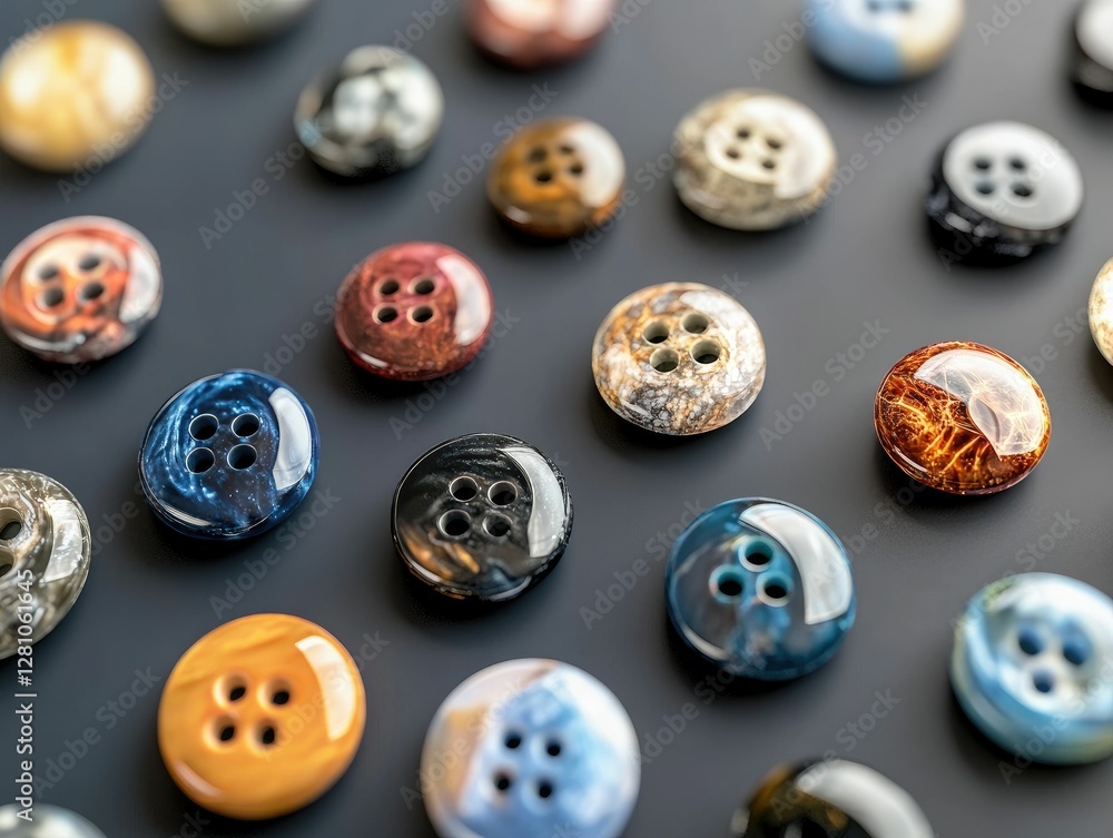 Colorful, patterned buttons scattered on dark surface. Colorful, patterned buttons scattered on dark surface.