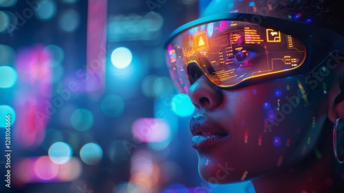 Wallpaper Mural A person wearing high tech glasses is immersed in a vibrant digital environment. The glasses display various health related metrics, highlighting the intersection of technology and mental health. Torontodigital.ca