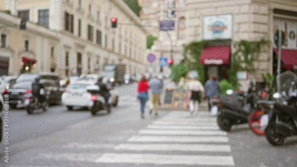 Blurry pedestrians and vehicles on a busy street in rome, italy, showcase the dynamic urban life against a backdrop of historic architecture and vibrant city movement. Blurry pedestrians and vehicles on a busy street in rome, italy, showcase the dynamic urban life against a backdrop of historic architecture and vibrant city movement.