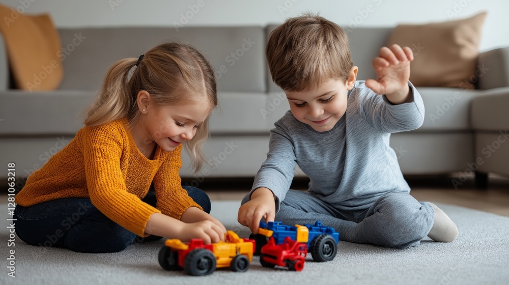 Naklejka premium Children joyfully play together with colorful toy cars on the living room floor.