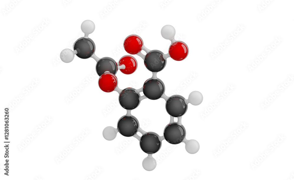 Molecule of Aspirin. Molecular formula: C9H8O4. Chemical model: Ball and stick. Isolated. Transparent background. PNG. 3D illustration Molecule of Aspirin. Molecular formula: C9H8O4. Chemical model: Ball and stick. Isolated. Transparent background. PNG. 3D illustration