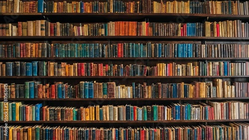 Classic library with old books on wooden shelves, knowledge resource background