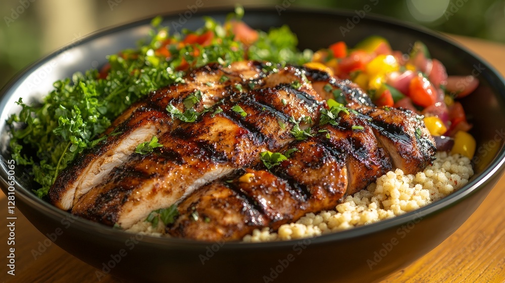 Grilled chicken served with couscous and fresh vegetables in a vibrant bowl. Grilled chicken served with couscous and fresh vegetables in a vibrant bowl.
