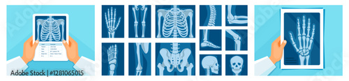 Human skeleton roentgen medical analyzing vector illustration set icon
