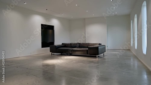 A minimalist lounge with a black leather sofa, polished concrete flooring, and an ultra-slim OLED TV seamlessly integrated into the wall.